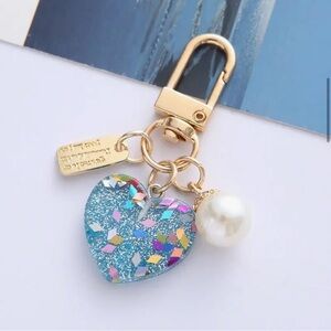 Gold and Blue Heart Charm Keychain